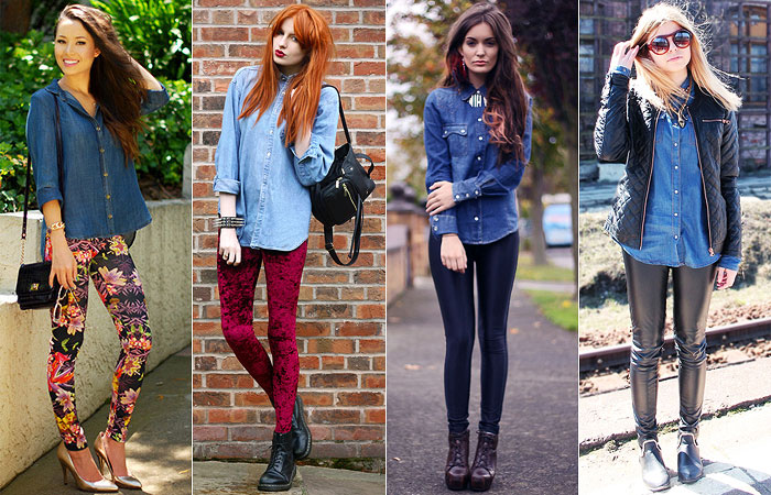 Como usar camisa jeans no dia a dia - We Fashion Trends  Como usar legging,  Looks camisa jeans, Look com blusa jeans